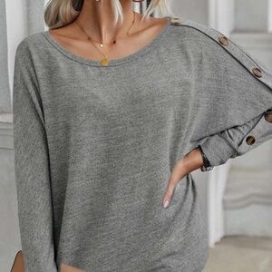 B082 Gray Solid Color Button Decor Dolman Sleeve Top